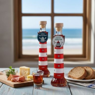 Destillate & Klare Zwei Flaschen likör, Käse, Brot und Schinken vor einem Fenster mit Meeresblick.