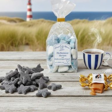 Kleine Mitbringsel Süßigkeiten in Form von Sternen, eine Tasse Kaffee und eine Strandszene im Hintergrund.