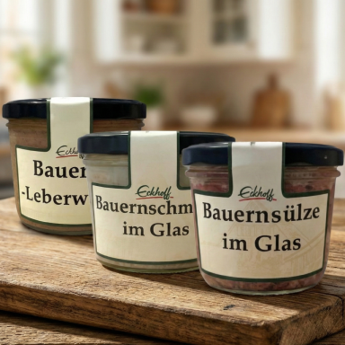 Wurst im Glas Drei Gläser mit Bauerngeschmack: Leberwurst, Bauernsülze und Bauerschmalz.