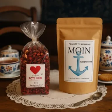 Teemischungen Zwei Teeverpackungen stehen auf einem Tisch neben Tassen und Keksen.