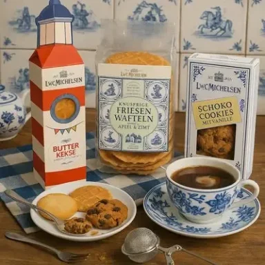 Heimatgebäck Tee mit Keksen und einem Muffin, dekoriert mit blauer Keramik und einem gestreiften Becher.