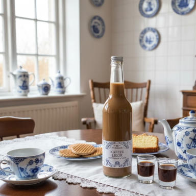 Friesische Liköre Braun gefärbter Getränkebehälter, Tassen, Kekse und Kuchen auf einem Tisch mit blauer Keramikkunst.