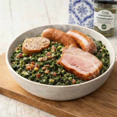 Klassiker Schüssel mit Grünkohl, Wurst, Schinken und Brot auf einem Holzteller.