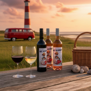 Weinmomente Weinflaschen und Gläser auf einem Tisch, im Hintergrund ein Leuchtturm und ein roter VW-Bus.