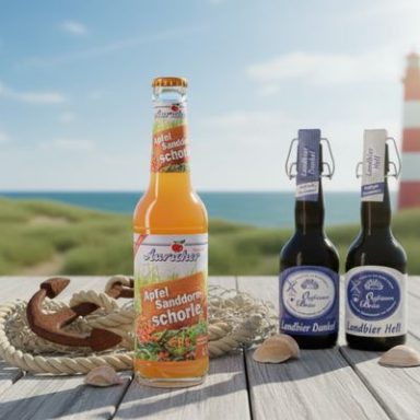 Durstlöscher Flasche mit Limonade, zwei Bierflaschen und Schokolade vor maritimer Kulisse.