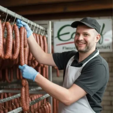 Pümmelwurst Ein Metzger hängt Würste in einem Verkaufsraum auf.