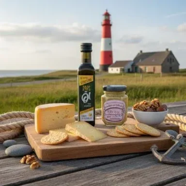 Feinkost Tisch mit Käse, Senf, Nüssen und Öl vor einem Leuchtturm und Wiesenlandschaft.