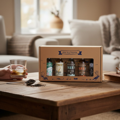 Geschenksets Geschenkbox mit verschiedenen Getränken auf einem Holztisch, elegant präsentiert.