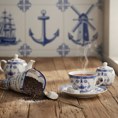 Ostfriesentee Tasse mit dampfendem Tee auf einem Holztisch, daneben Kanne und zerbrochene Kaffeetüte.